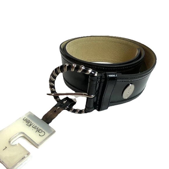 Calvin Klein Womens Belt Patent Leather Black Silvertone Hardware Sz L - Picture 1 of 7